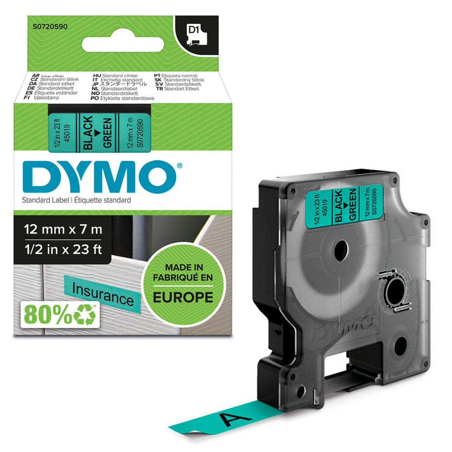 DYMO Schriftband D1 45019 , 12 mm schwarz auf grün | S0720590