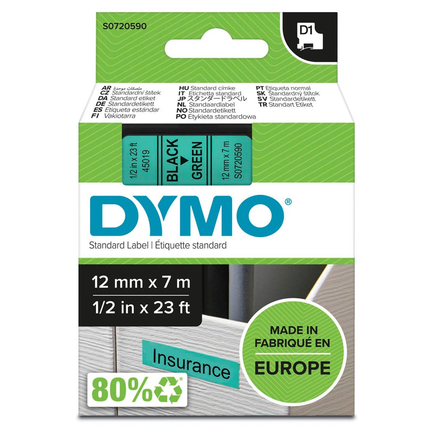 DYMO Schriftband D1 45019 , 12 mm schwarz auf grün | S0720590