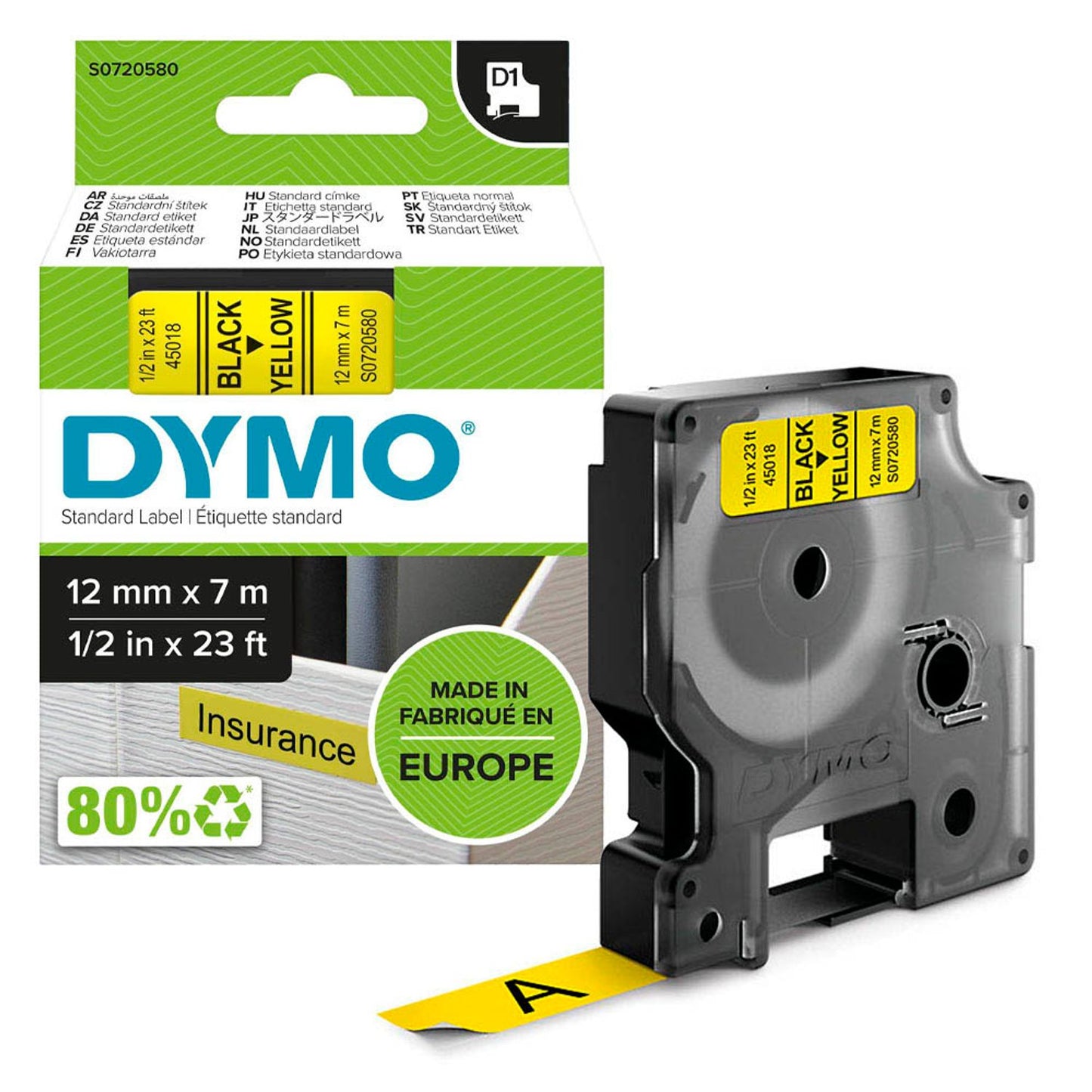 DYMO Schriftband D1 45018 , 12 mm schwarz auf gelb | S0720580