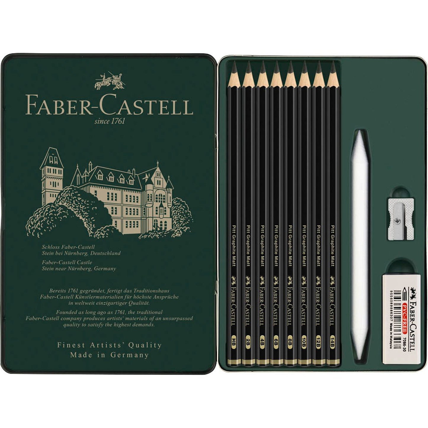 FABER-CASTELL Pitt Graphite Matt Graphitstifte HB, 2B, 4B, 6B, 8B, 10B, 12B, 14B schwarz mit Radierer | 115220