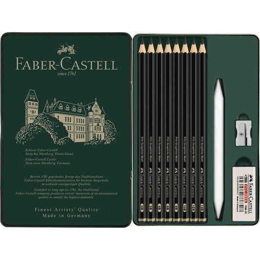 FABER-CASTELL Pitt Graphite Matt Graphitstifte HB, 2B, 4B, 6B, 8B, 10B, 12B, 14B schwarz mit Radierer | 115220