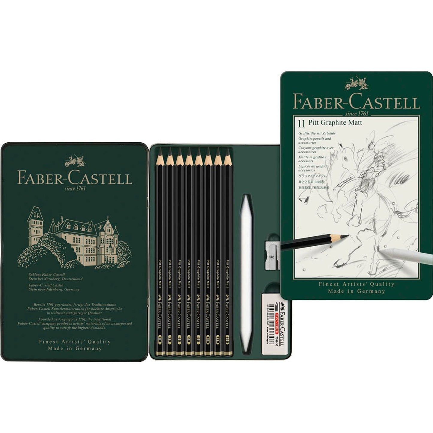 FABER-CASTELL Pitt Graphite Matt Graphitstifte HB, 2B, 4B, 6B, 8B, 10B, 12B, 14B schwarz mit Radierer | 115220