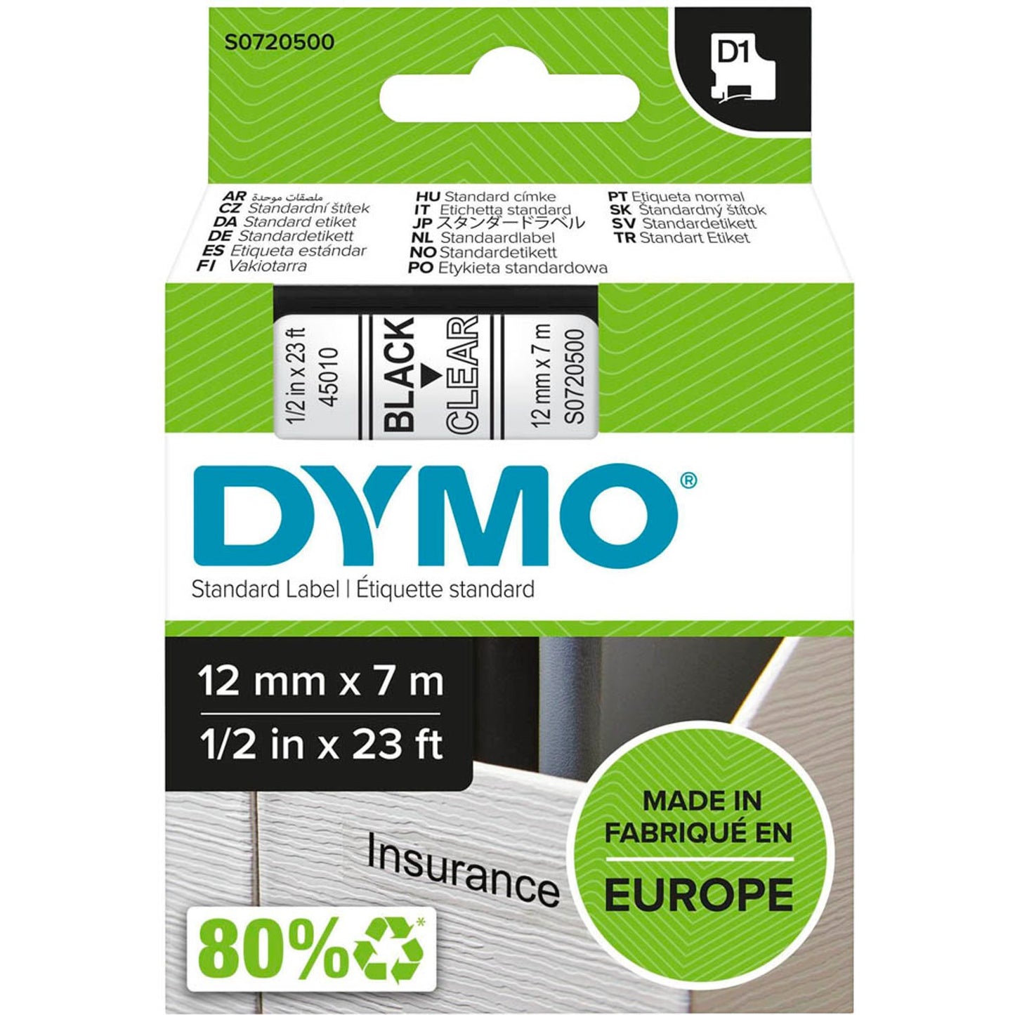 DYMO Schriftband D1 45010 , 12 mm schwarz auf transparent | S0720500