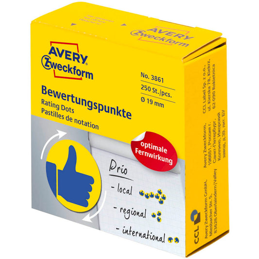 AVERY Zweckform Bewertungspunkte Daumen, gelb, 250 Etiketten | 3861 | 1 Rolle = 250 St.