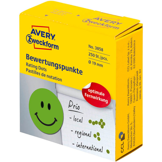 AVERY Zweckform Bewertungspunkte Gesicht, grün, 250 Etiketten | 3858 | 1 Rolle = 250 St.