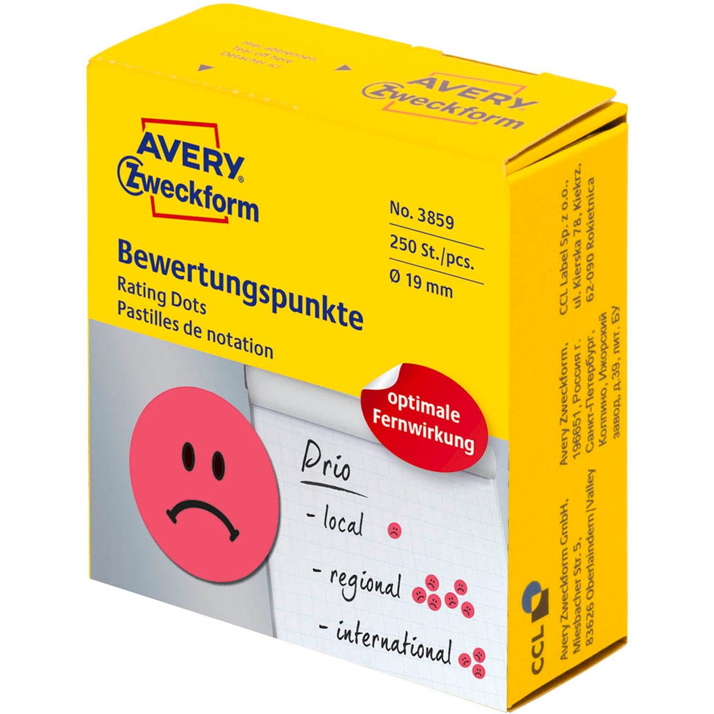 AVERY Zweckform Bewertungspunkte Gesicht, rot, 250 Etiketten | 3859 | 1 Rolle = 250 St.