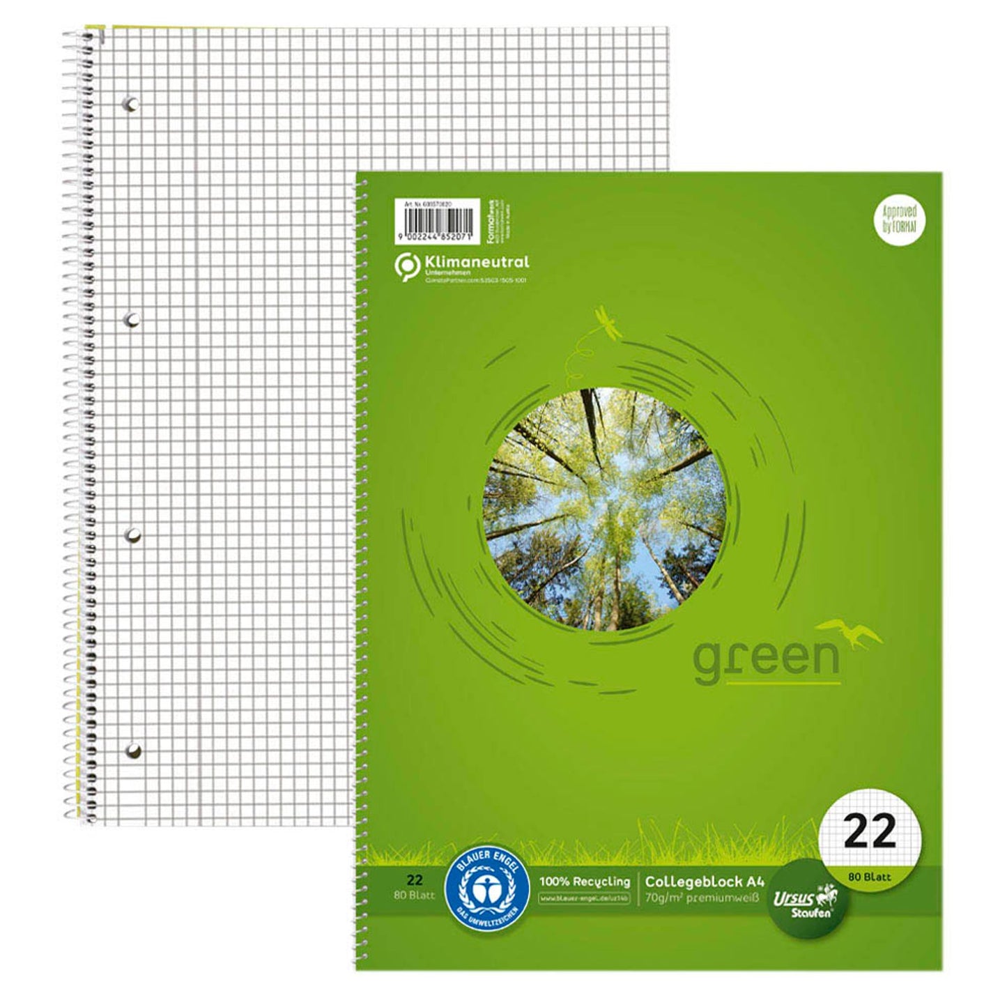 Staufen® Collegeblöcke green Lineatur 22 kariert DIN A4 Innenrand | 608570020 | 1 Pack = 10 Blöcke