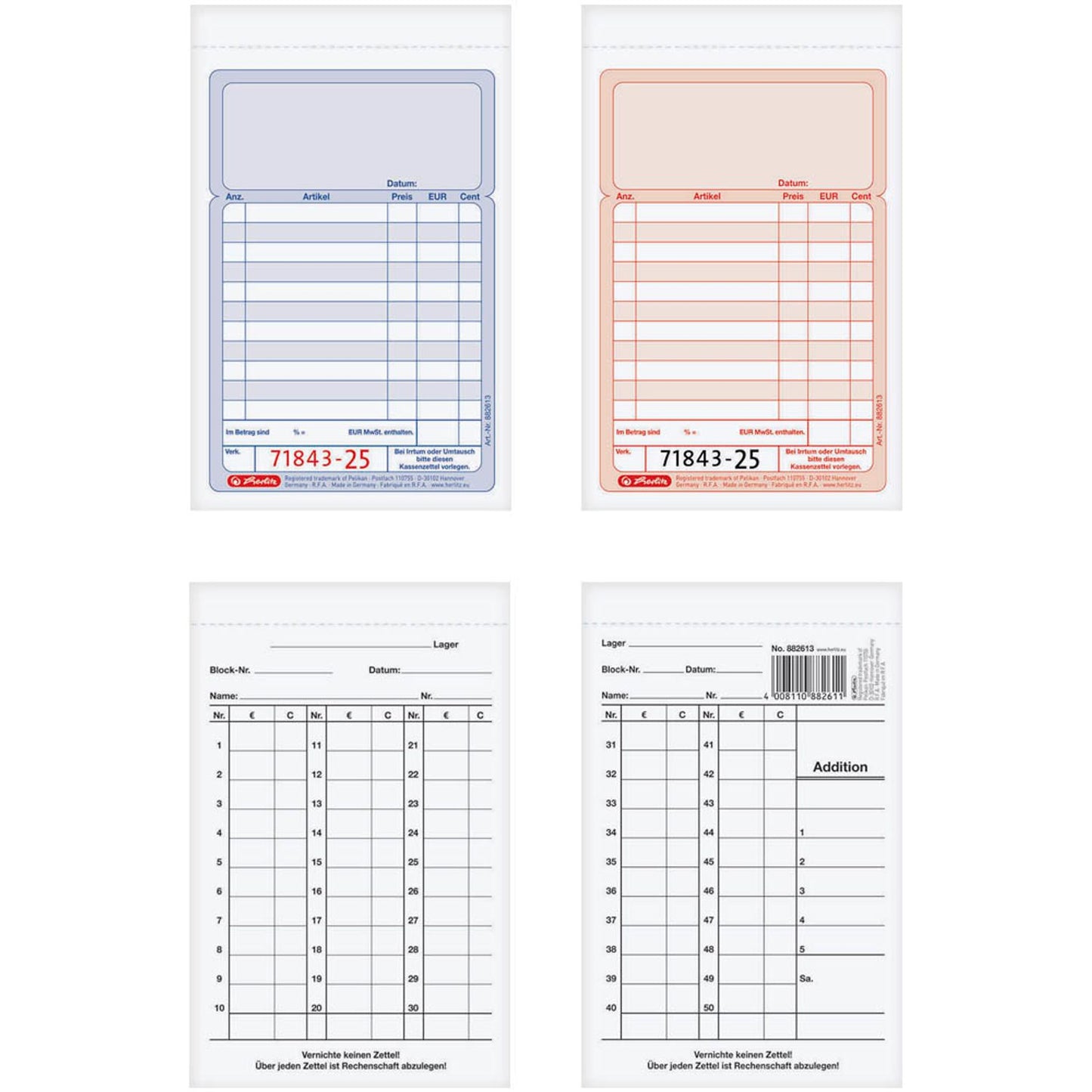 herlitz Kassenblock mit Additionsblatt, mit fortlaufenden Nummern Formularbuch 882613 | 300010476