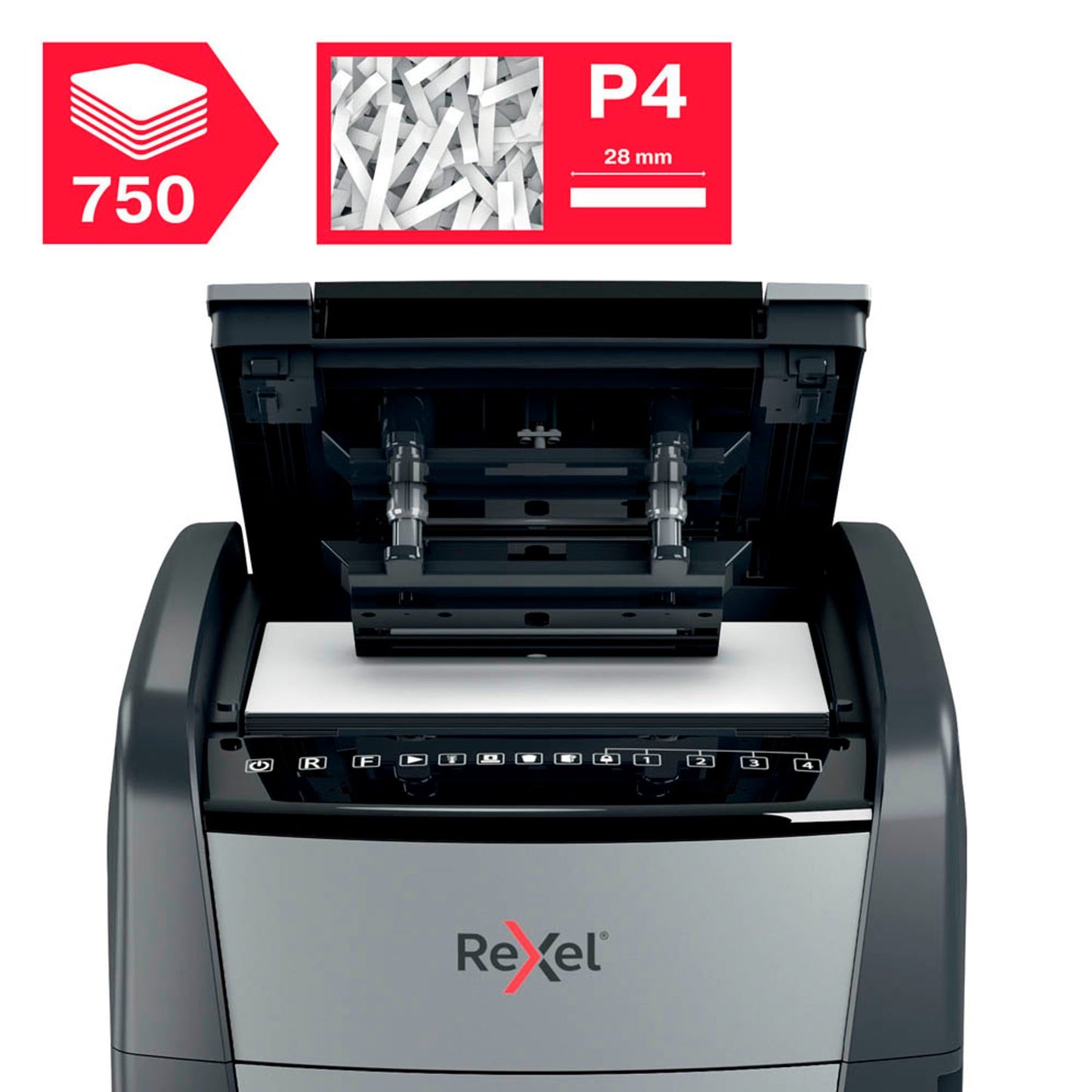Rexel Optimum AutoFeed+ 750X Aktenvernichter mit Partikelschnitt P-4, 4 x 28 mm, schwarz | 2020750,00 XEU