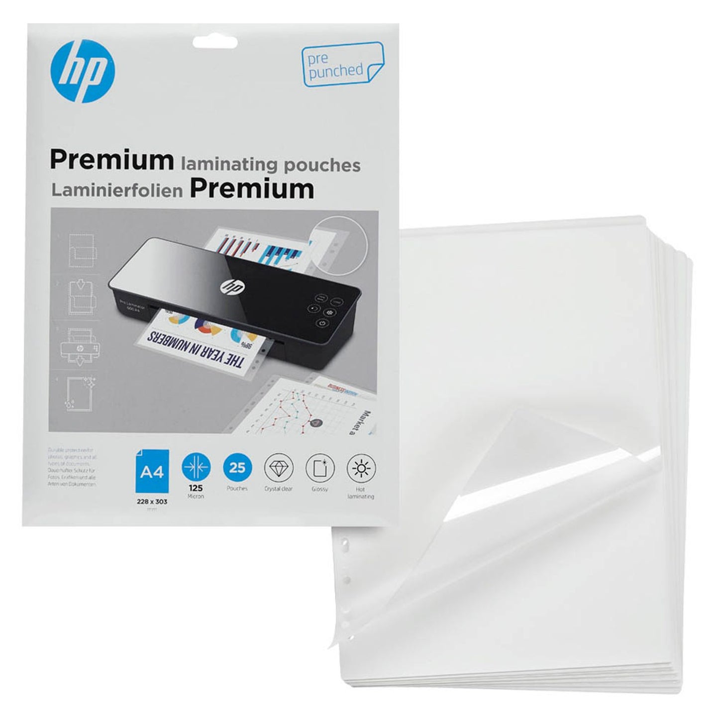 HP Premium Laminierfolien glänzend für A4 125 micron Universal-Lochung | 9122 | 1 Pack = 25 St.