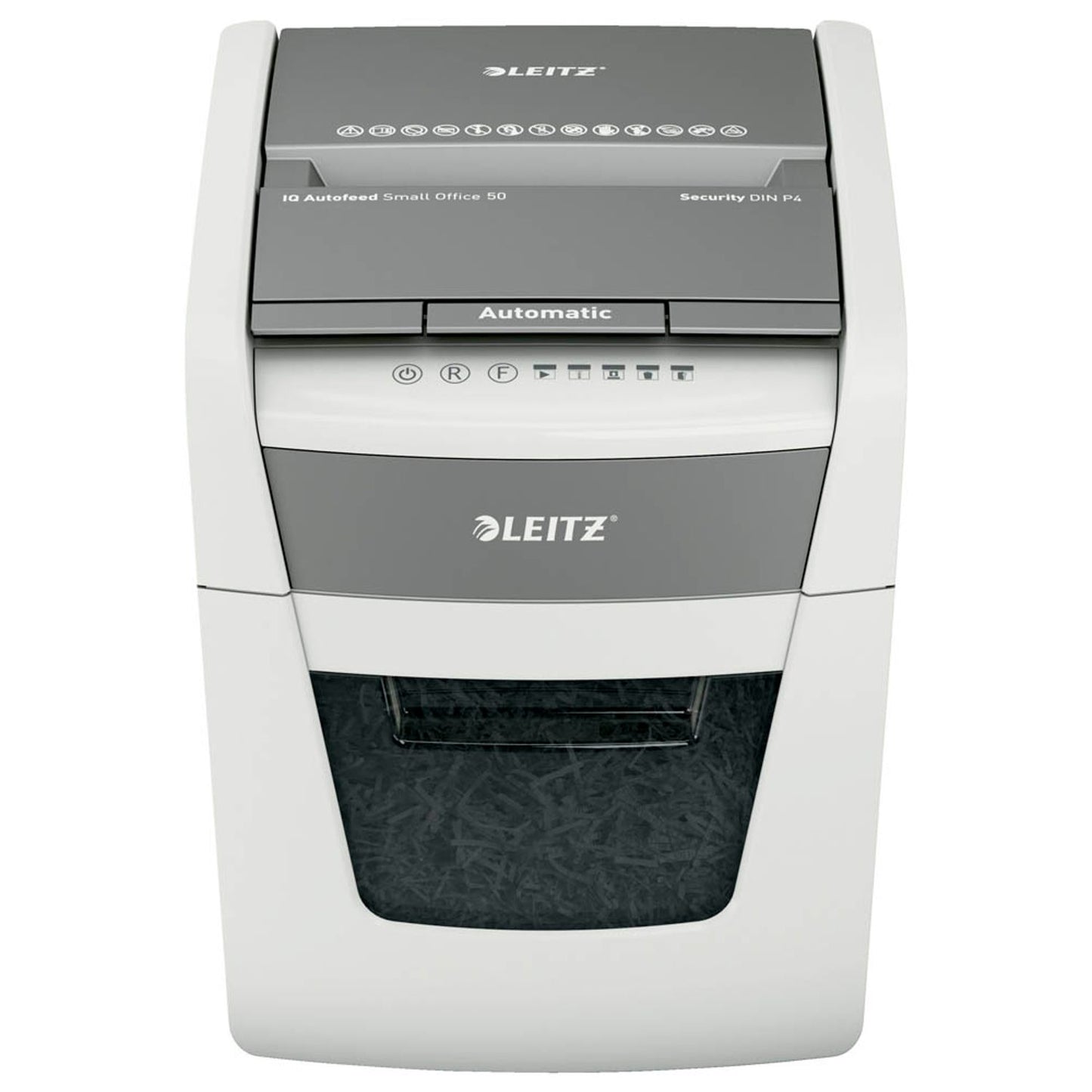 LEITZ IQ Autofeed Small Office 50 Aktenvernichter mit Partikelschnitt P-4, 4 x 28 mm, bis , weiß | 80350000