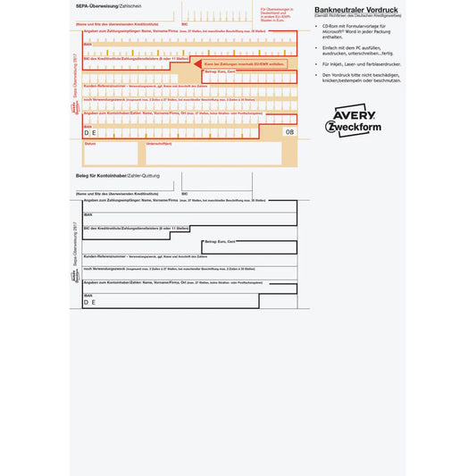 AVERY Zweckform SEPA-Überweisungsschein/-Zahlschein Bankformulare | 2817-200 | 1 Pack = 200 Blatt