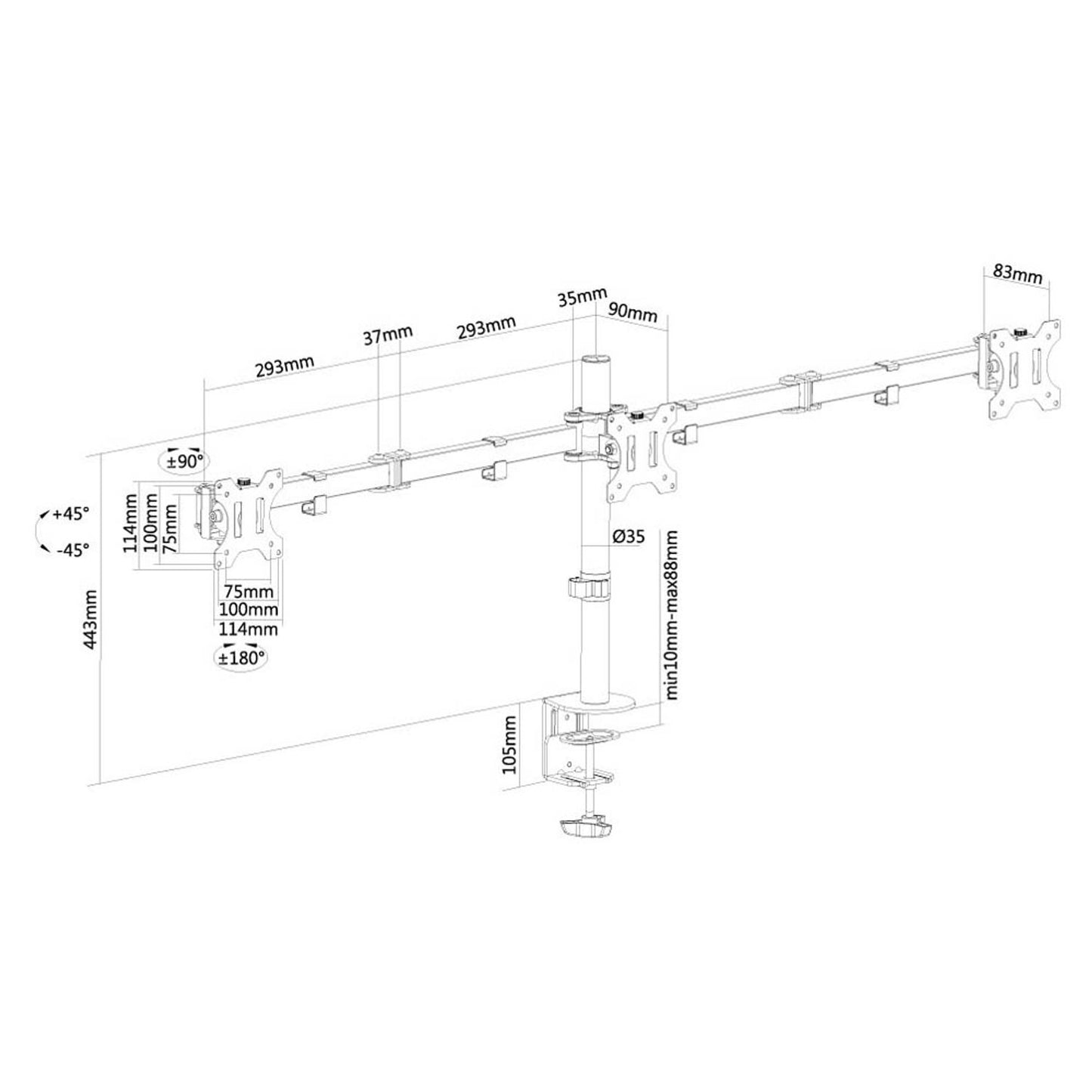 Neomounts Monitor-Halterung schwarz für 3 Monitore, Tischklemme, Tischbohrung | FPMA-D550D3BLACK