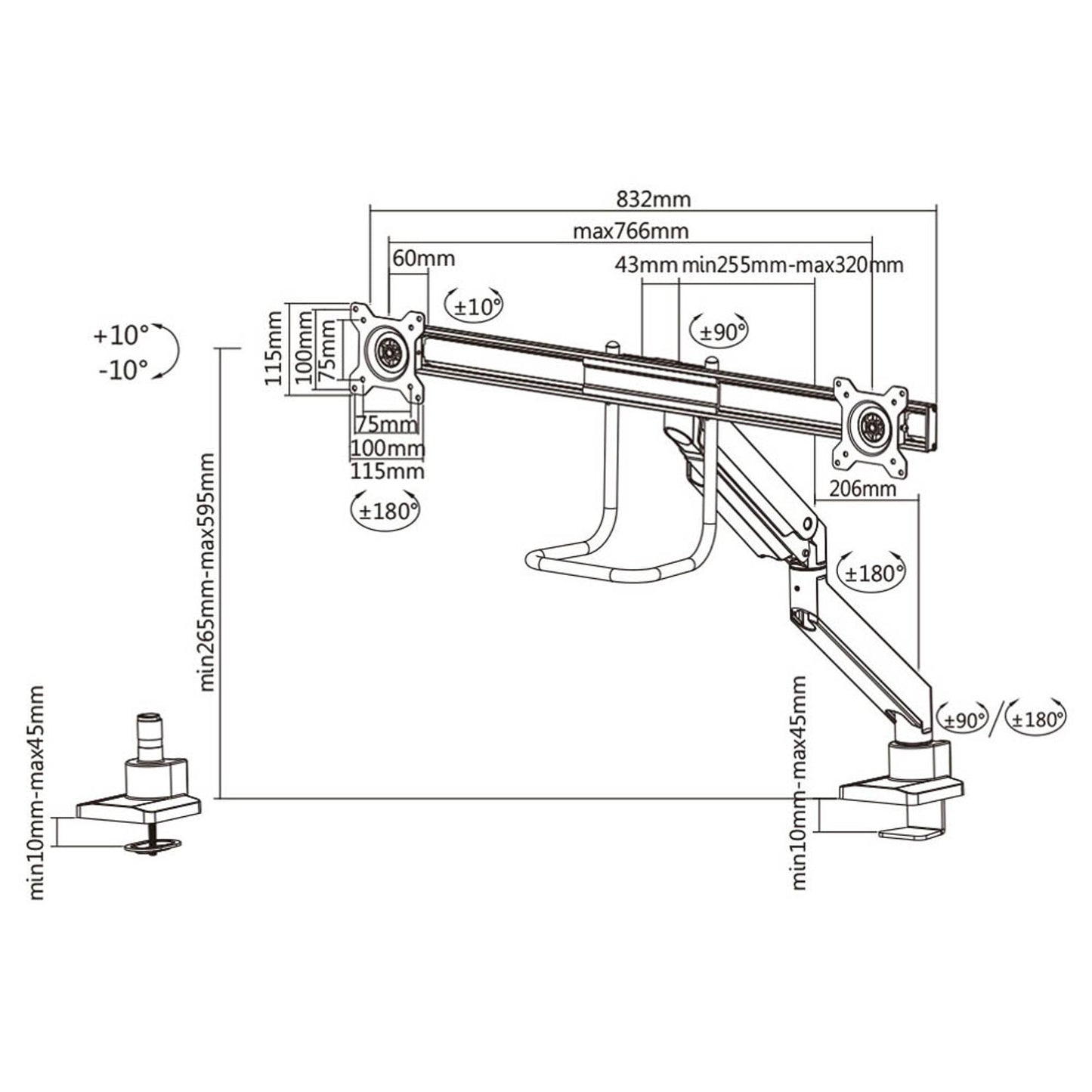 Neomounts Monitor-Halterung schwarz für 2 Monitore, Tischklemme, Tischbohrung | NM-D775DXBLACK