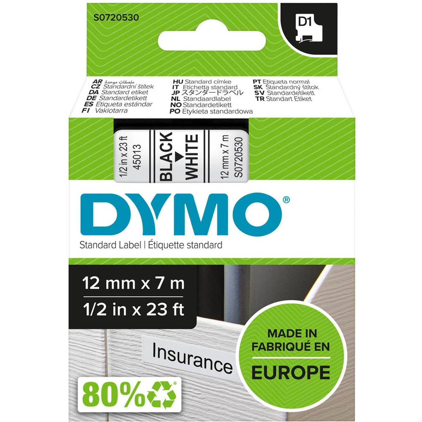 DYMO Schriftband D1 45013 , 12 mm schwarz auf weiß | S0720530