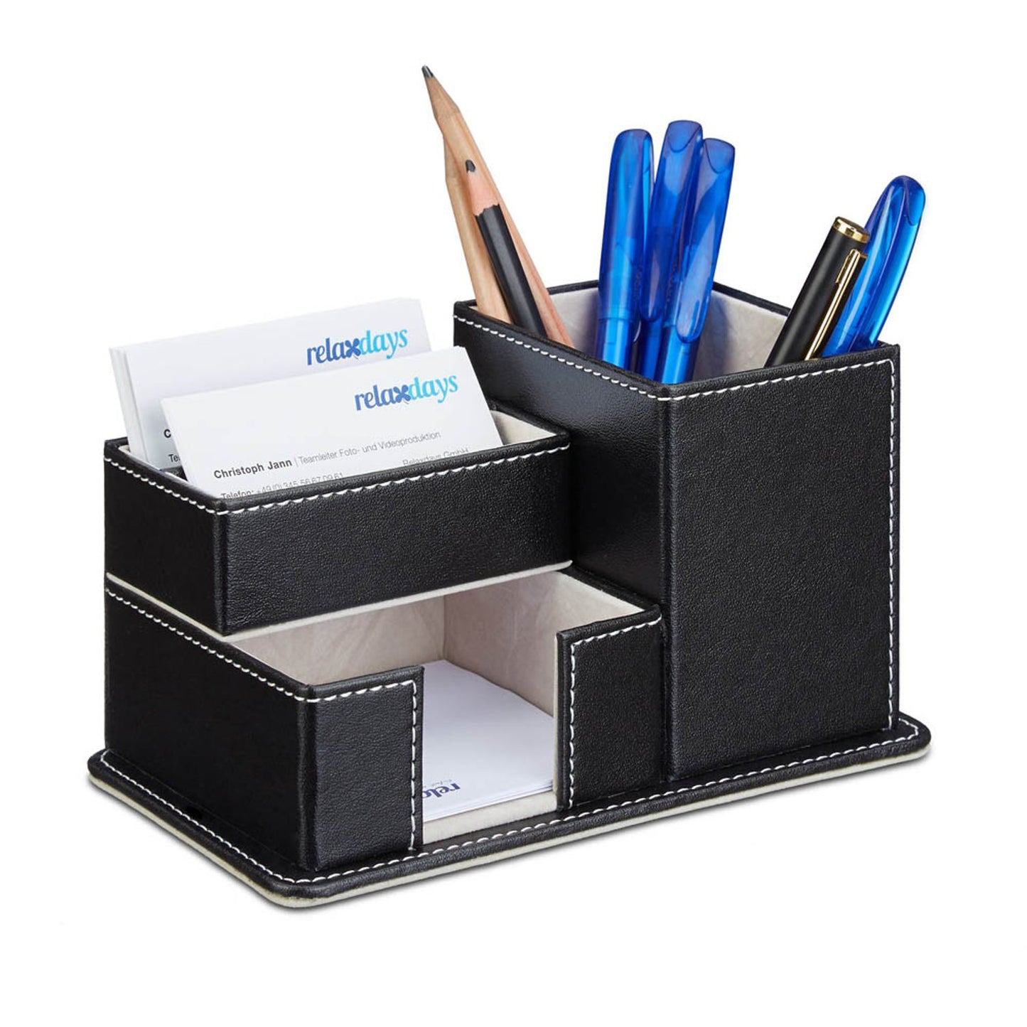 relaxdays Schreibtisch-Organizer schwarz Lederimitat 4 Fächer 18,0 x 12,0 x 10,0 cm | 10021945_0