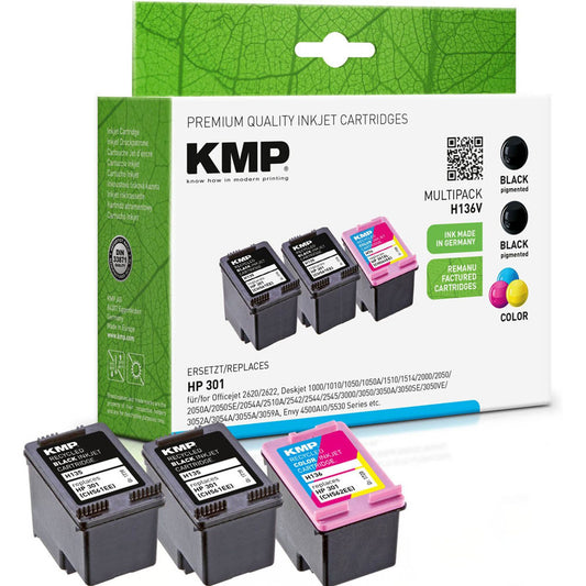 KMP H136V schwarz, color Druckerpatronen kompatibel zu HP 301 (E5Y87EE), 3er-Set | 1719,4855 | 1 Pack = 3 St.