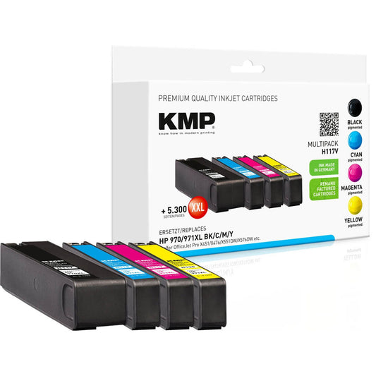 KMP H117V schwarz, cyan, magenta, gelb Druckerpatronen kompatibel zu HP 970XL + 971XL (CN625AE/CN626AE/CN627AE/CN628AE), 4er-Set | 1902,4050 | 1 Pack = 4 St.