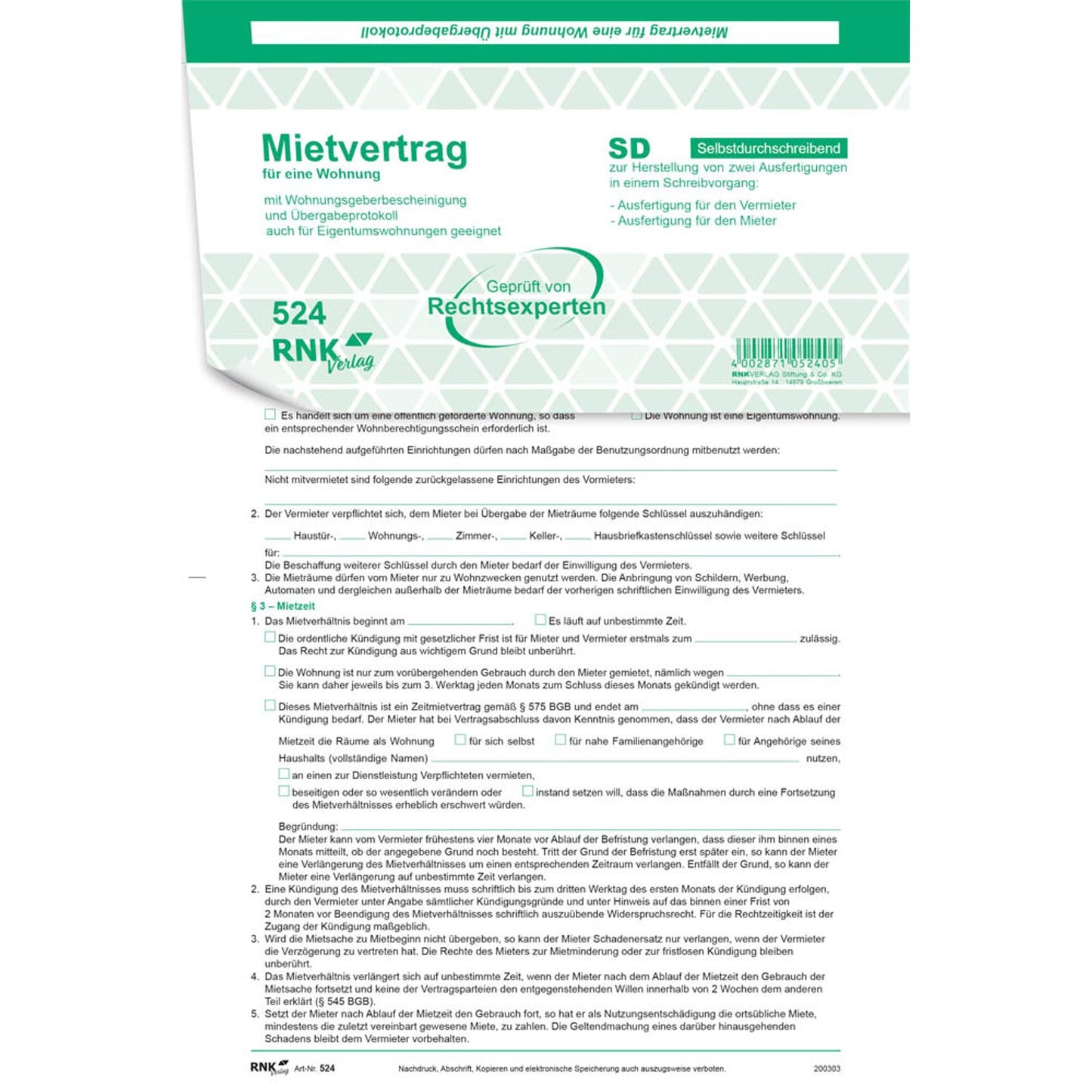 RNK-Verlag Mietverträge für Wohnungen | 524/10 | 1 Pack = 10 St.