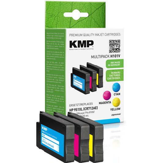 KMP H101V cyan, magenta, gelb Druckerpatronen kompatibel zu HP 951XL (CN046AE/CN047AE/CN048AE), 3er-Set | 1723,4050 | 1 Aktionspack = 3 St.
