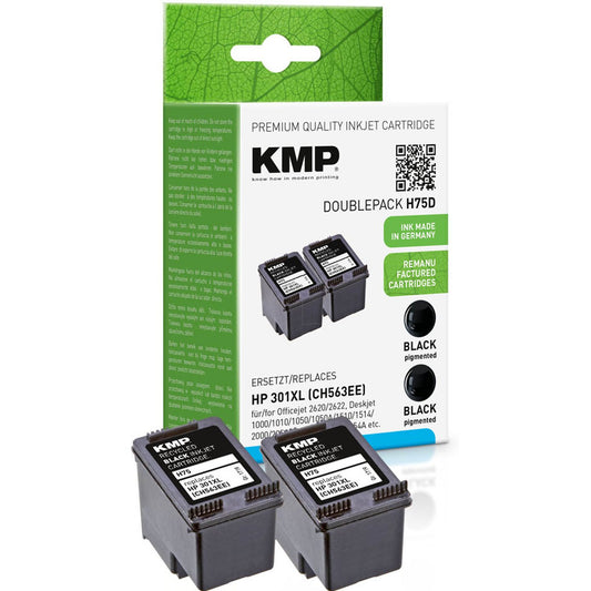 KMP H75D schwarz Druckerpatronen kompatibel zu HP 301XL (CH563EE), 2er-Set | 1719,4021 | 1 Pack = 2 St.