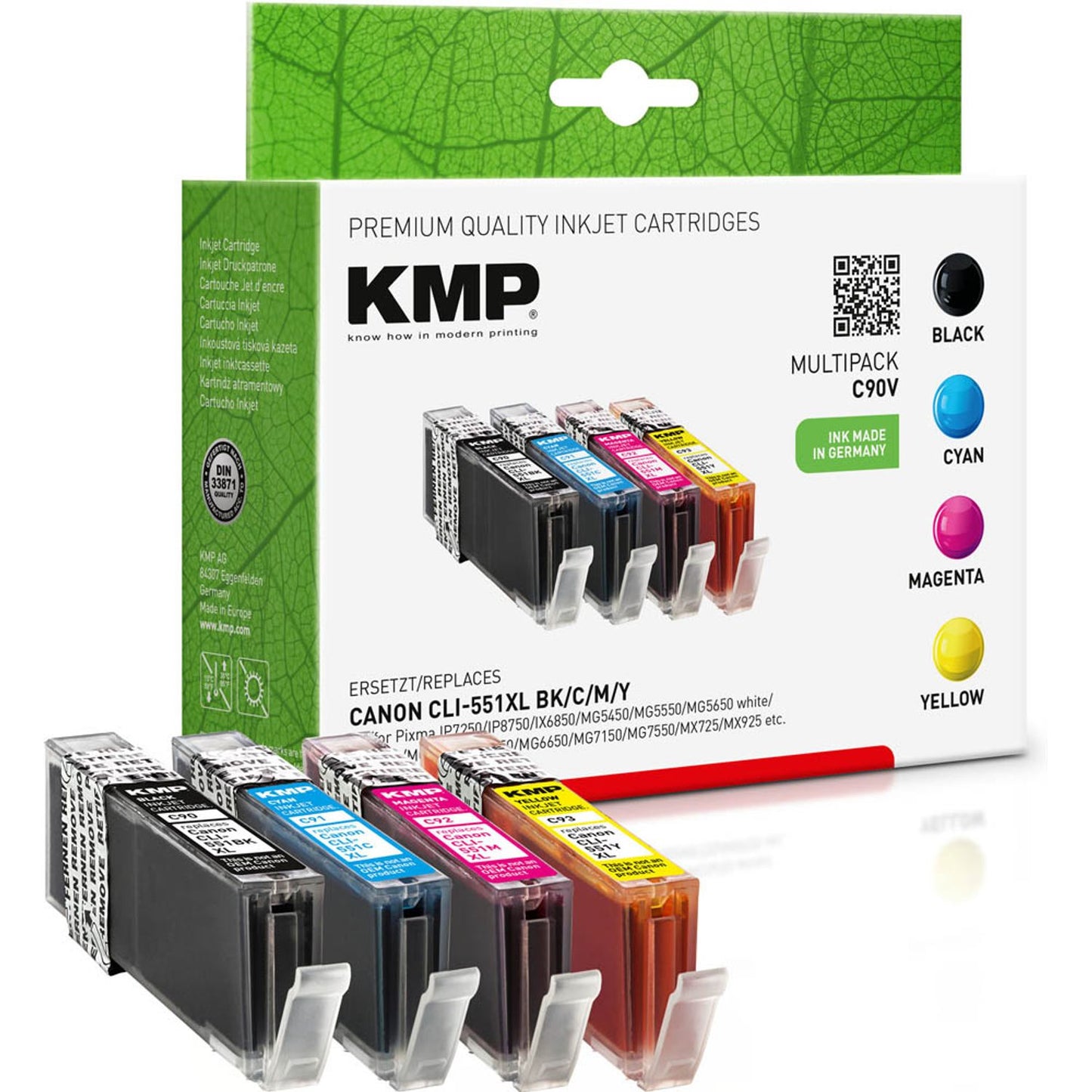 KMP C90V schwarz, cyan, magenta, gelb Druckerpatronen kompatibel zu Canon CLI-551 XL BK/C/M/Y, 4er-Set | 1520,0050 | 1 Pack = 4 St.