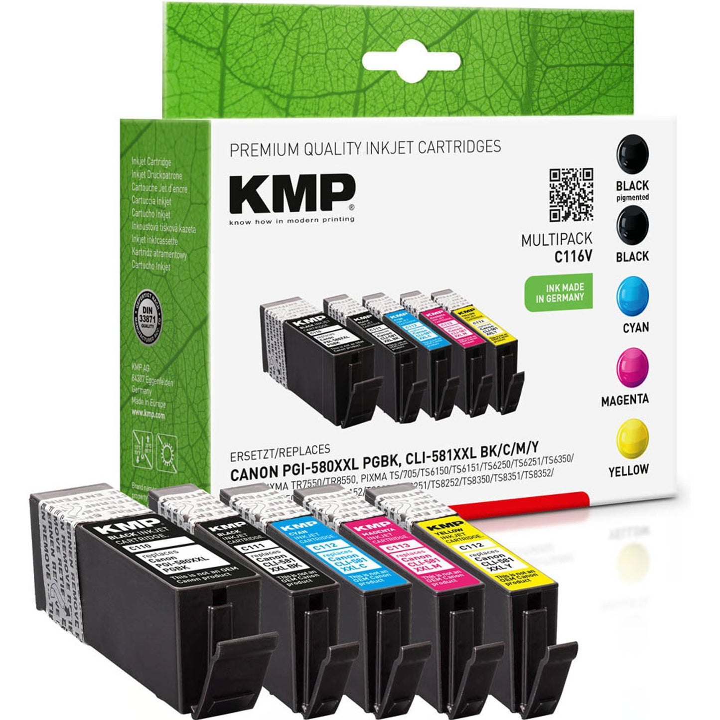 KMP C116V 2x schwarz, 1x cyan, 1x magenta, 1x gelb Druckerpatronen kompatibel zu Canon PGI-580XXL PGBK, CLI 581XXL BK/C/M/Y, 5er-Set | 1576,0255 | 1 Pack = 5 St.