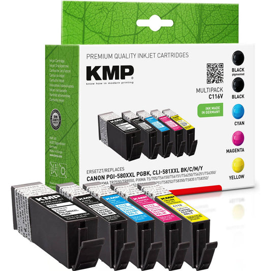 KMP C116V 2x schwarz, 1x cyan, 1x magenta, 1x gelb Druckerpatronen kompatibel zu Canon PGI-580XXL PGBK, CLI 581XXL BK/C/M/Y, 5er-Set | 1576,0255 | 1 Pack = 5 St.