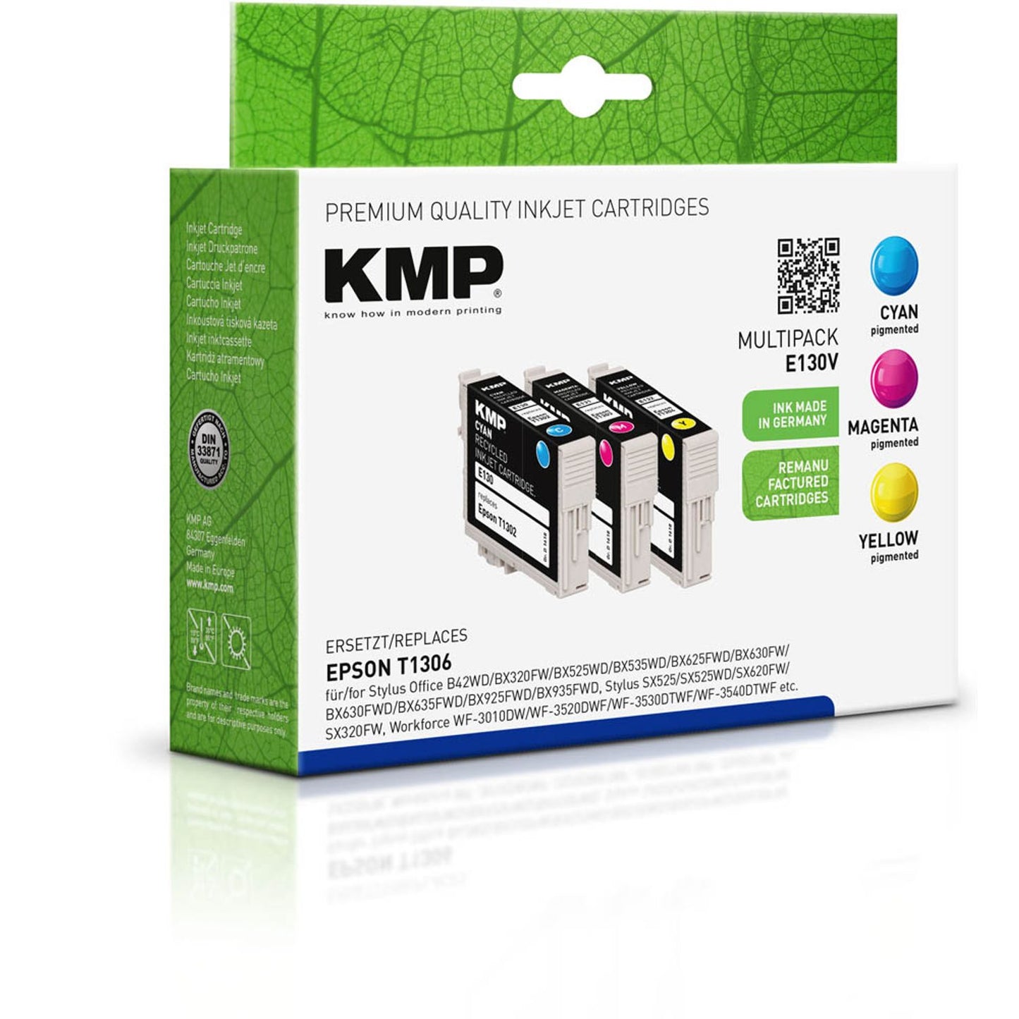 KMP E130V cyan, magenta, gelb Druckerpatronen kompatibel zu EPSON T1306XL, 3er-Set | 1618,4050 | 1 Pack = 3 St.