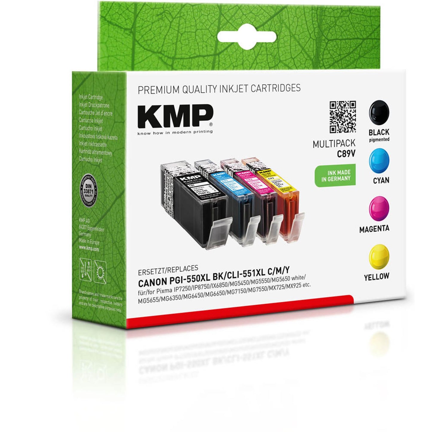 KMP C89V schwarz, cyan, magenta, gelb Druckerpatronen kompatibel zu Canon PGI-550 XL BK, CLI-551 XL C/M/Y, 4er-Set | 1518,0050 | 1 Pack = 4 St.