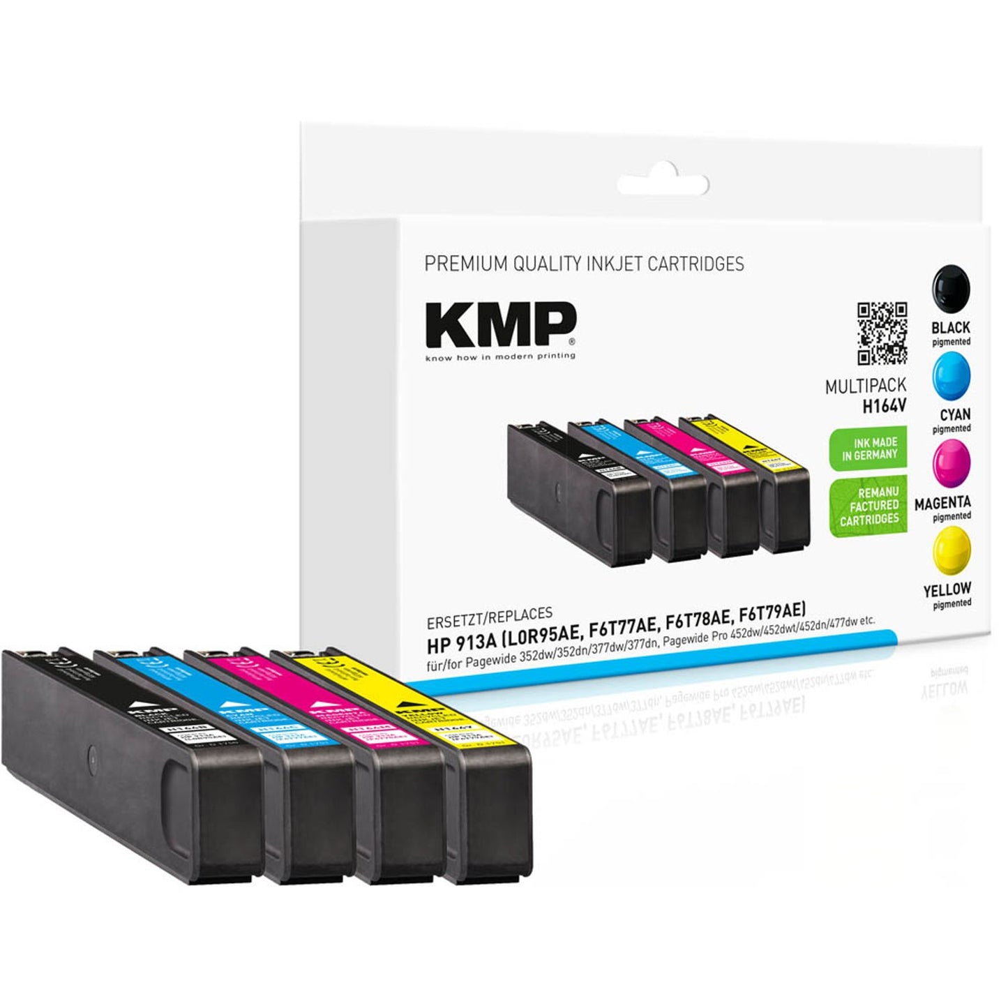KMP H164V schwarz, cyan, magenta, gelb Druckerpatronen kompatibel zu HP 913A (L0R95AE, F6T77AE, F6T78AE, F6T79AE), 4er-Set | 1750,4005 | 1 Pack = 4 St.