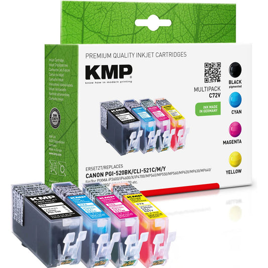KMP C72V schwarz, cyan, magenta, gelb Druckerpatronen kompatibel zu Canon PGI-520 BK, CLI-521 C/M/Y, 4er-Set | 1508,0005 | 1 Pack = 4 St.