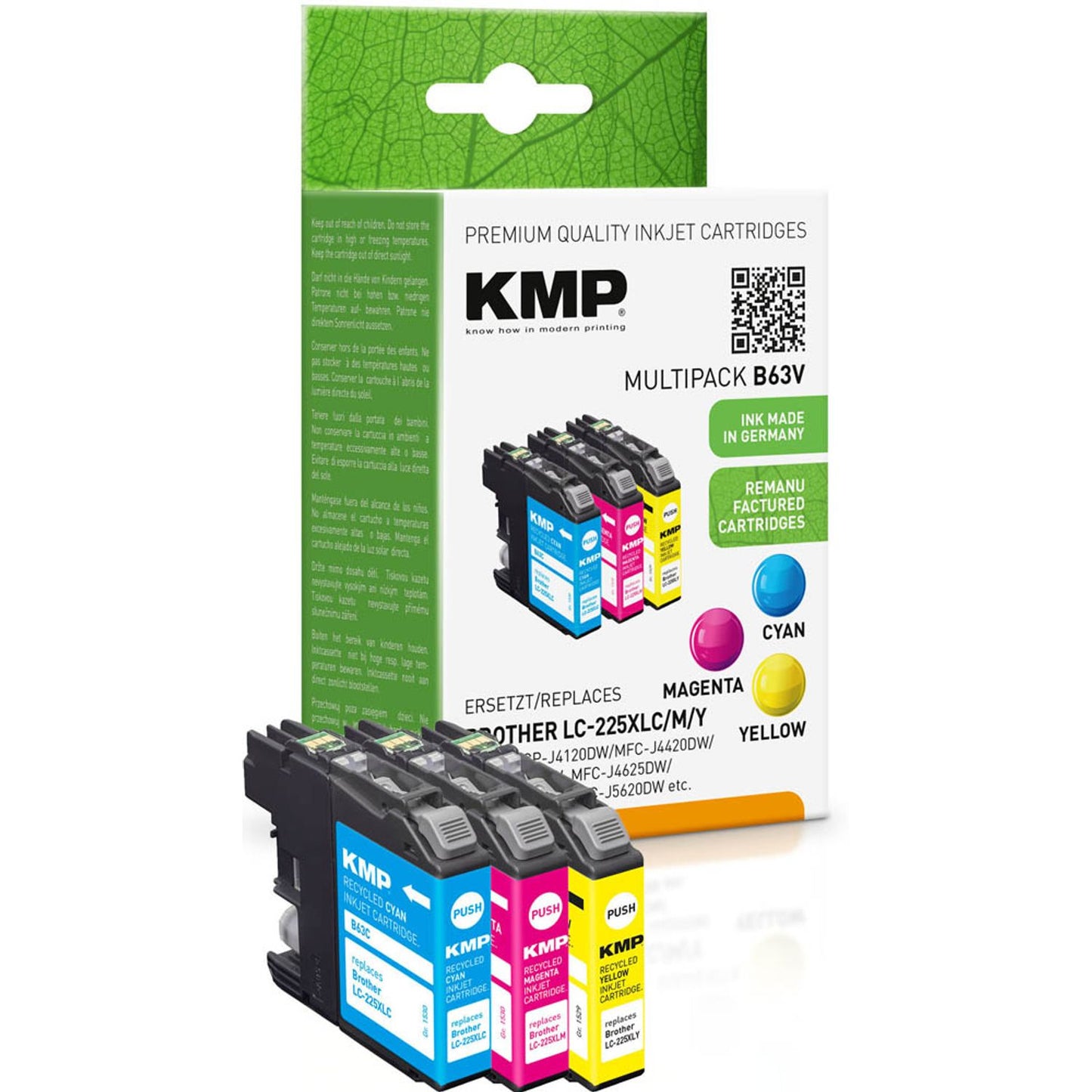 KMP B63V cyan, magenta, gelb Druckerpatronen kompatibel zu brother LC-225XL C/M/Y, 3er-Set | 1530,4050 | 1 Pack = 3 St.