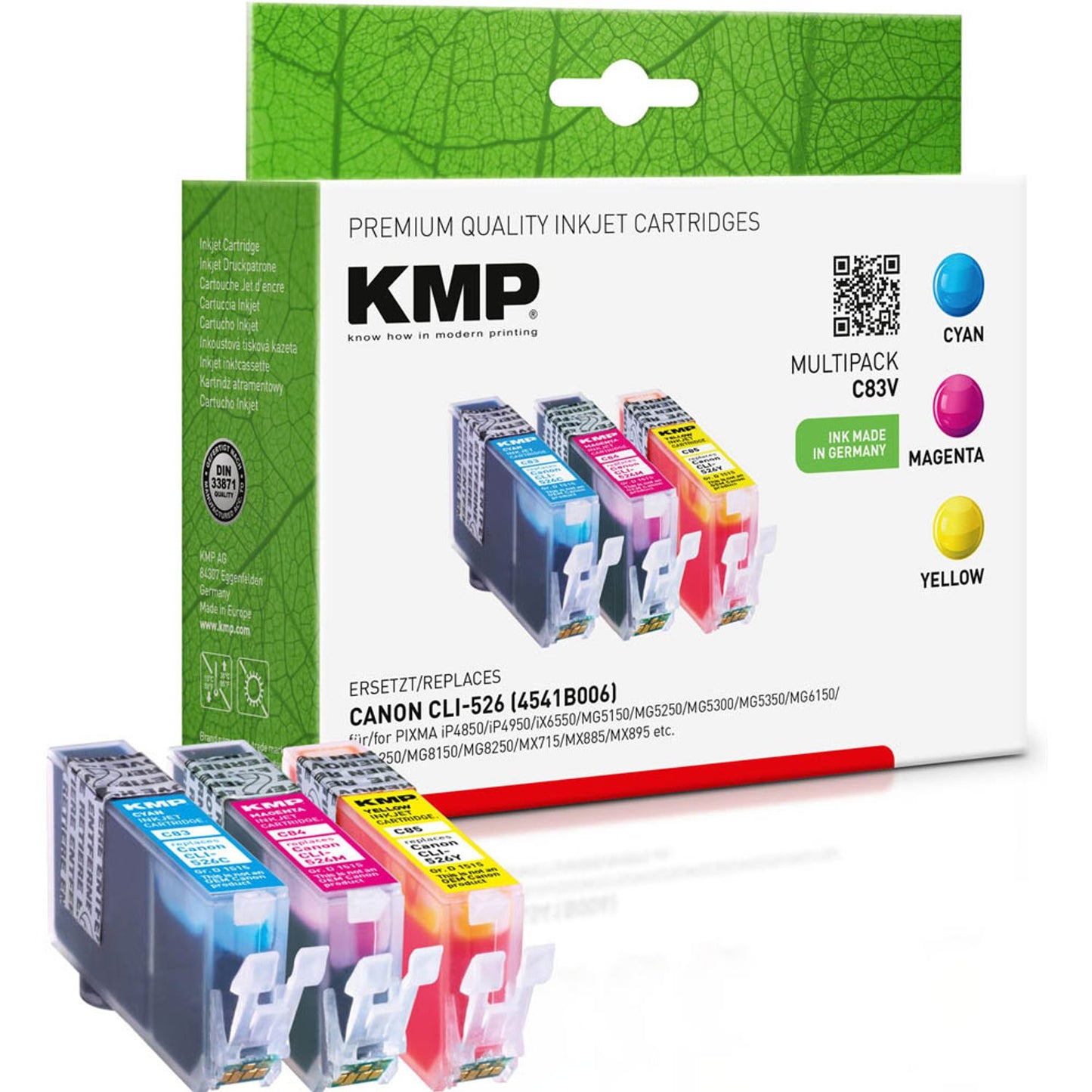 KMP C83V cyan, magenta, gelb Druckerpatronen kompatibel zu Canon CLI-526 C/M/Y, 3er-Set | 1515,0050 | 1 Pack = 3 St.