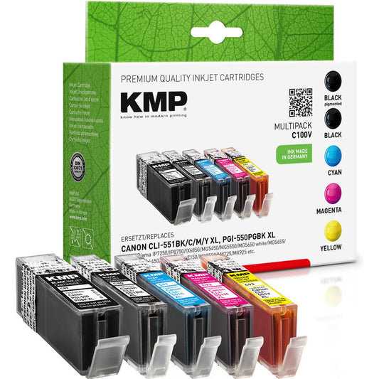 KMP C100V pigmentschwarz, schwarz, cyan, magenta, gelb Druckerpatronen kompatibel zu Canon PGI-550 XL BK, CLI-551 XL BK/C/M/Y, 5er-Set | 1519,0050 | 1 Pack = 5 St.