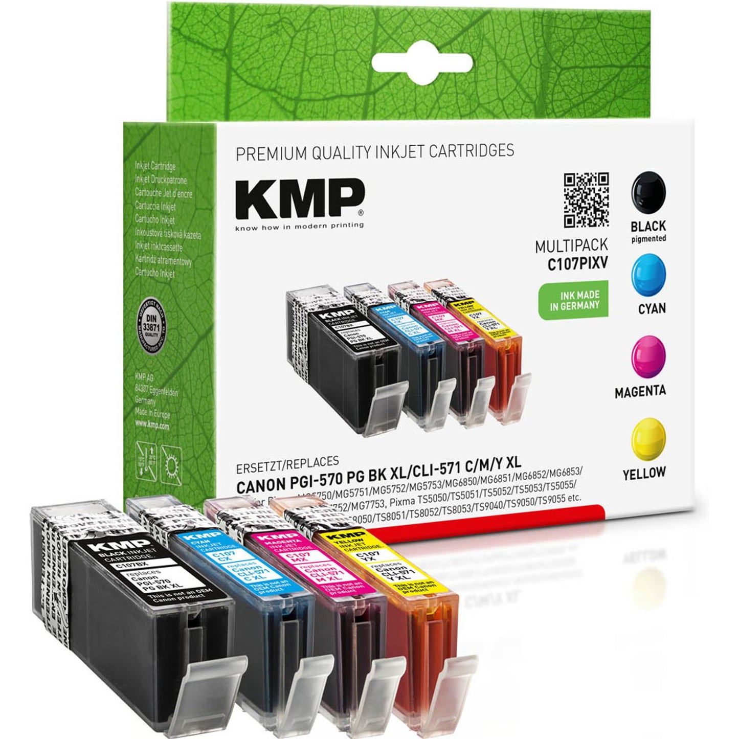 KMP C107PIXV schwarz, cyan, magenta, gelb Druckerpatronen kompatibel zu Canon PGI-570 XL PGBK, CLI-571 XL C/M/Y, 4er-Set | 1567,0050 | 1 Pack = 4 St.