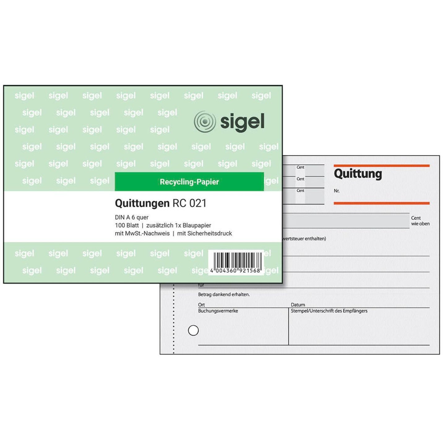 SIGEL Quittung, MwSt. separat ausgewiesen Formularbuch | RC021
