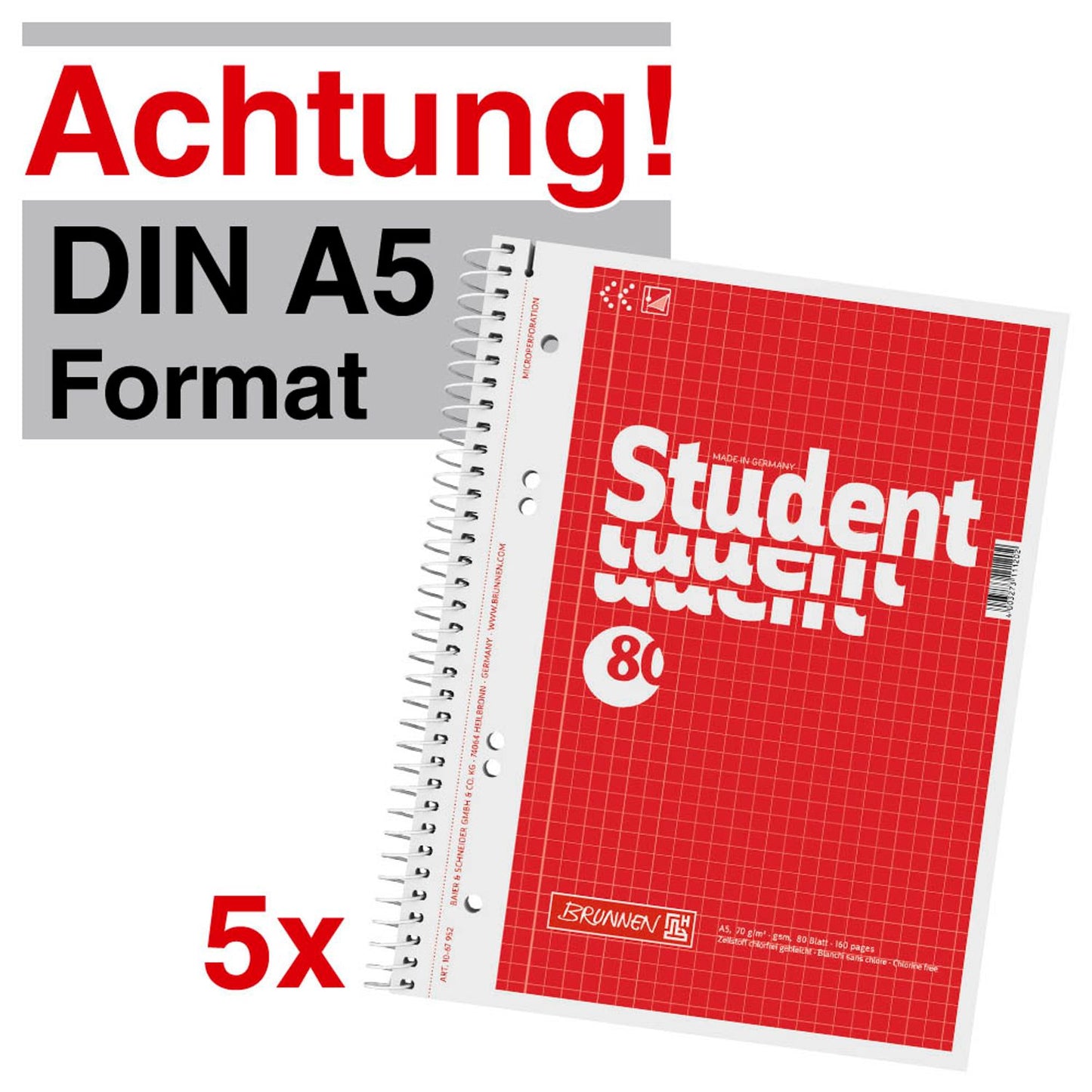 5 BRUNNEN Collegeblöcke Student Kleinformat DIN A5 Innenrand