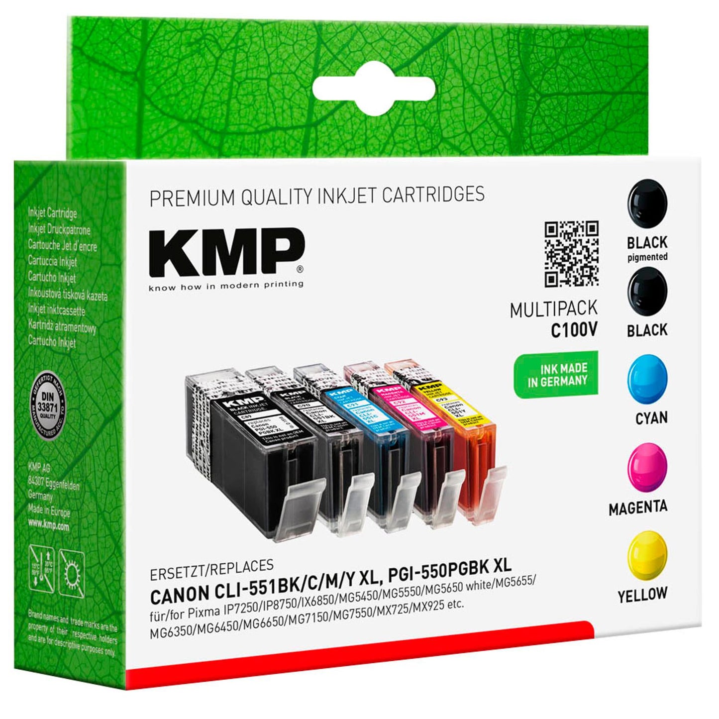 KMP C100V pigmentschwarz, schwarz, cyan, magenta, gelb Druckerpatronen kompatibel zu Canon PGI-550 XL BK, CLI-551 XL BK/C/M/Y, 5er-Set | 1519,0050 | 1 Pack = 5 St.
