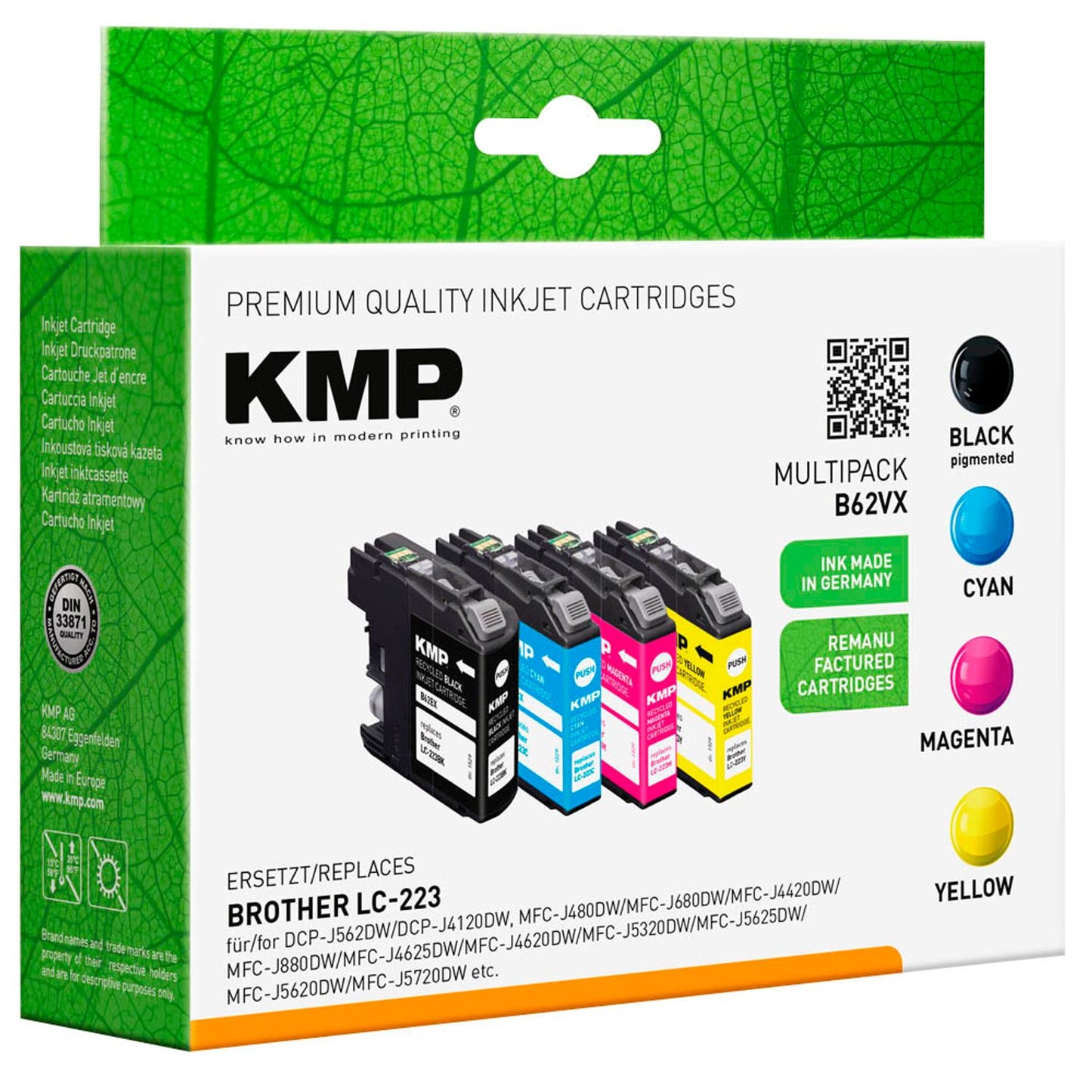 KMP B62VX schwarz, cyan, magenta, gelb Druckerpatronen kompatibel zu brother LC-223BK/C/M/Y, 4er-Set | 1529,4005 | 1 Pack = 4 St.