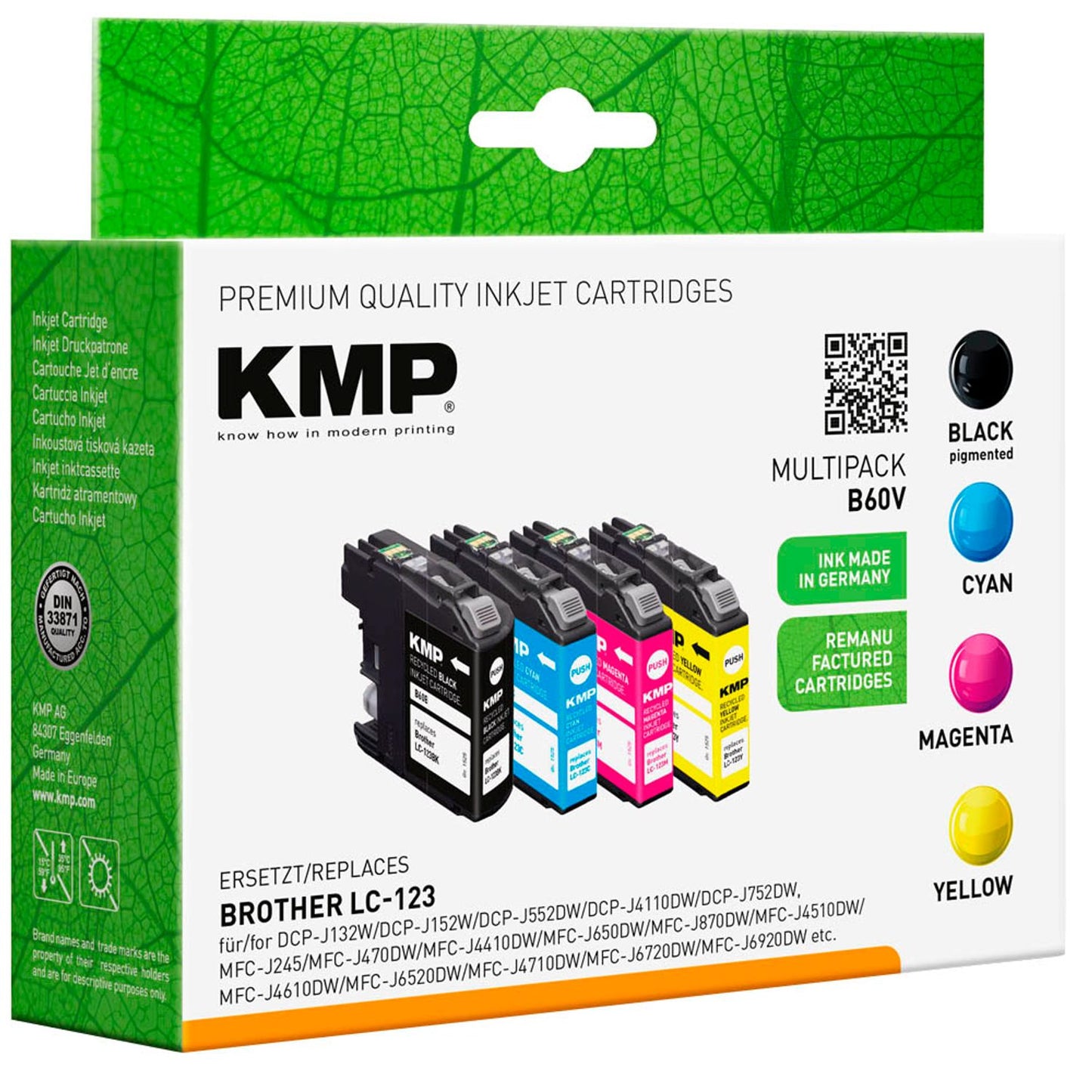 KMP B60V schwarz, cyan, magenta, gelb Druckerpatronen kompatibel zu brother LC123VALBPDR, 4er-Set | 1525,4005 | 1 Pack = 4 St.