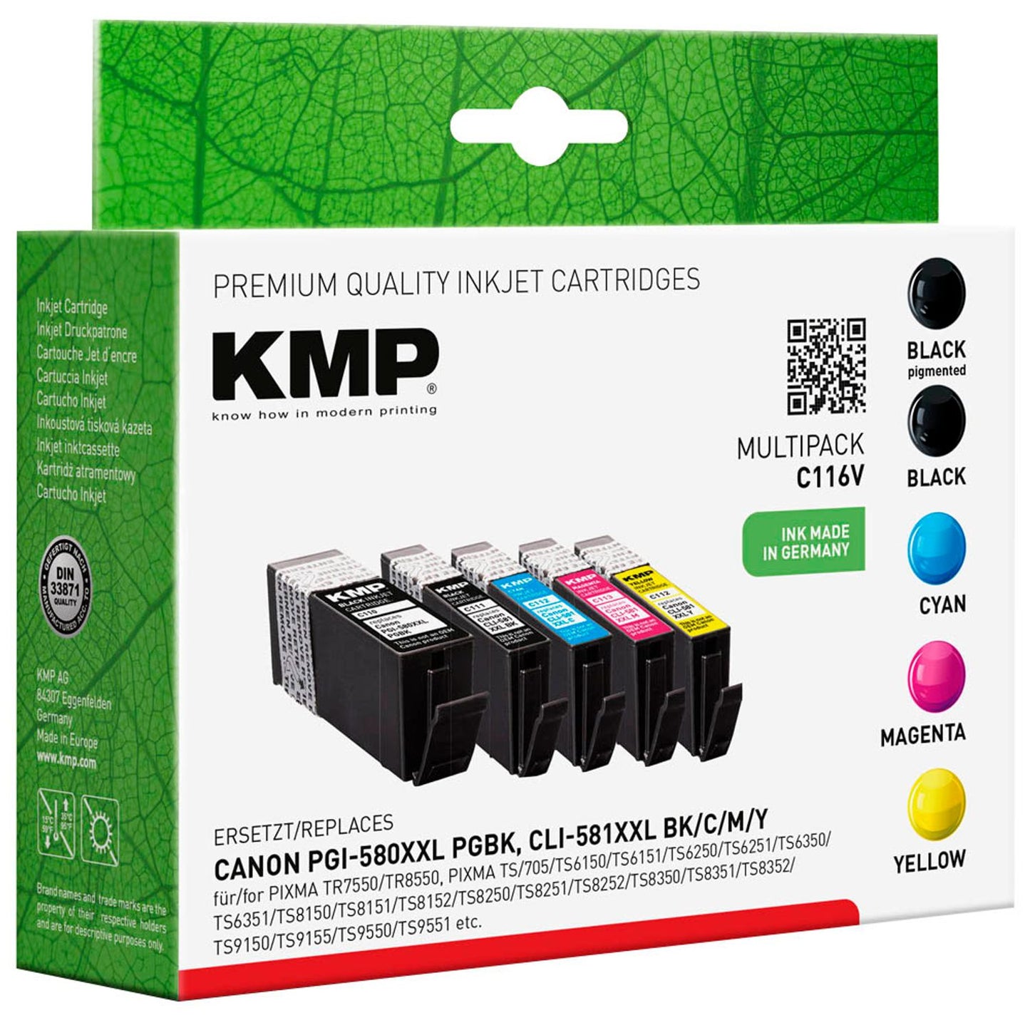 KMP C116V 2x schwarz, 1x cyan, 1x magenta, 1x gelb Druckerpatronen kompatibel zu Canon PGI-580XXL PGBK, CLI 581XXL BK/C/M/Y, 5er-Set | 1576,0255 | 1 Pack = 5 St.