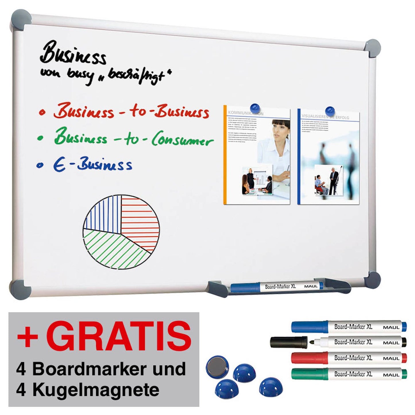 MAUL Whiteboard 2000 MAULpro weiß emaillierter Stahl + GRATIS 4 Boardmarker farbsortiert und 4 Kugelmagnete blau