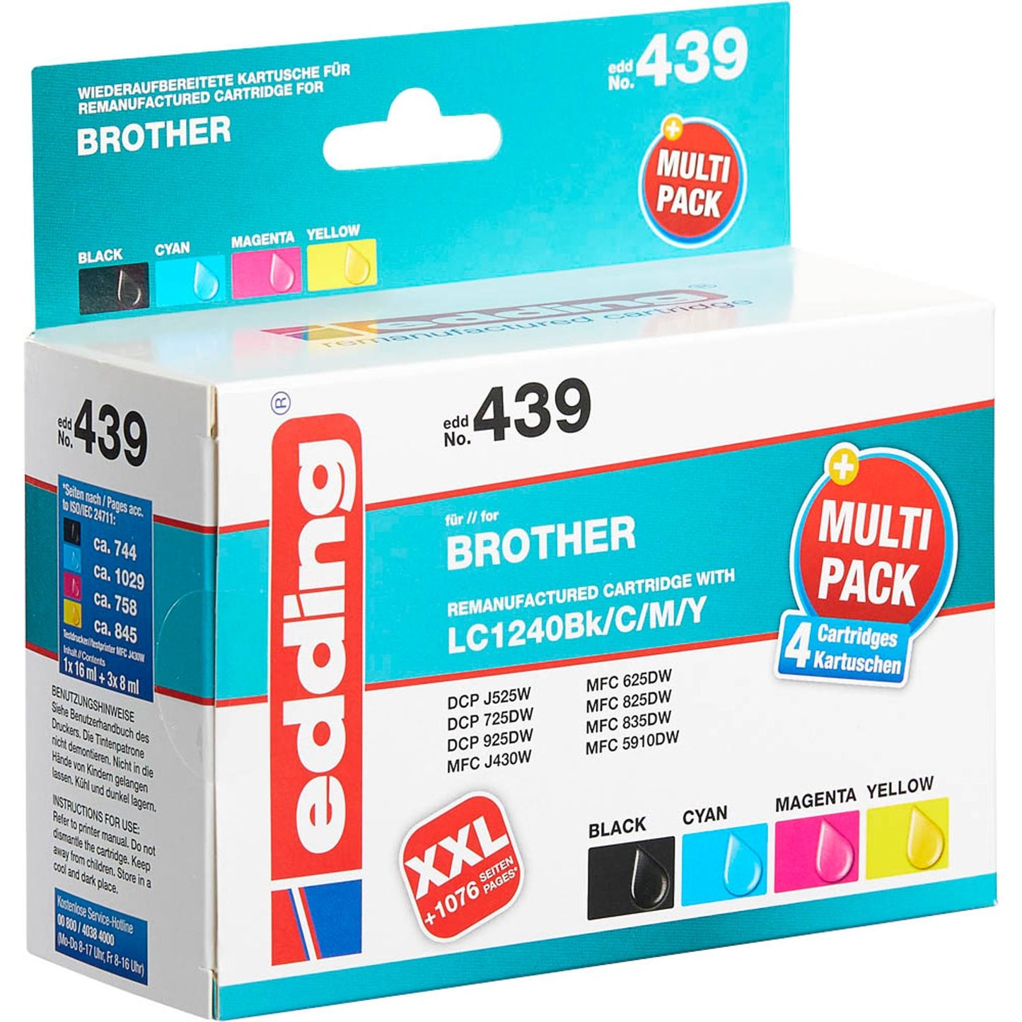 edding EDD-439 schwarz, cyan, magenta, gelb Druckerpatronen kompatibel zu brother LC-1240BK/C/M/Y, 4er-Set | 18-439 | 1 Pack = 4 St.