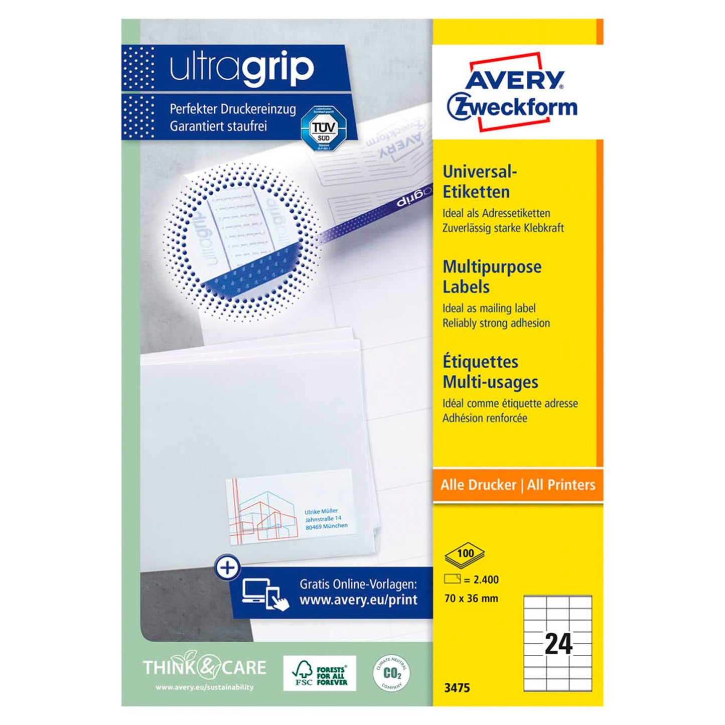 AVERY Zweckform Etiketten weiß 70,0 x 36,0 mm | 3475 | 1 Pack = 100 Blatt