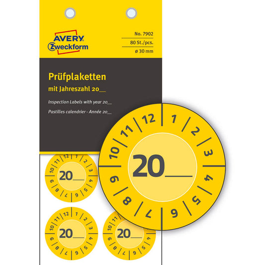AVERY Zweckform Prüfplaketten gelb 30,0 x 30,0 mm | 7902 | 1 Pack = 10 Blatt