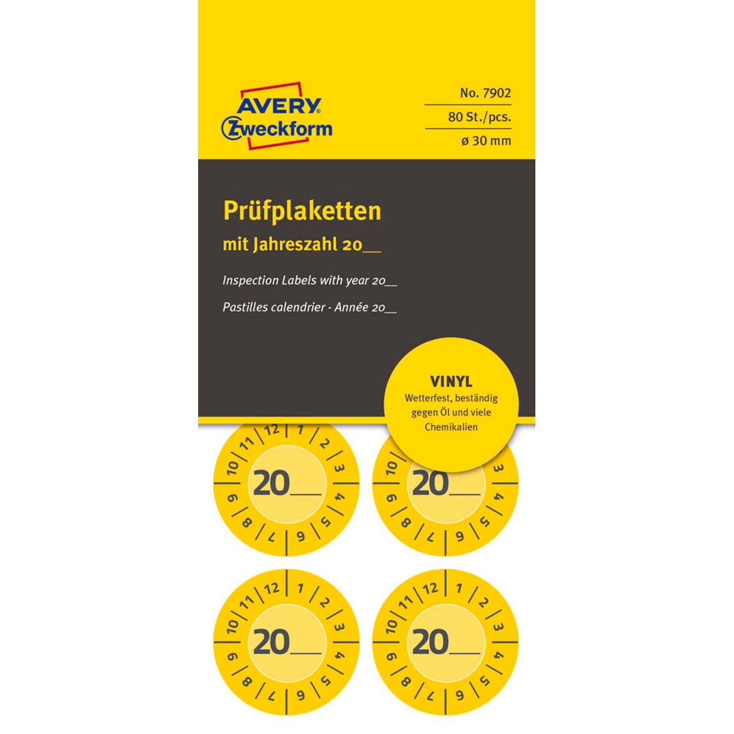 AVERY Zweckform Prüfplaketten gelb 30,0 x 30,0 mm | 7902 | 1 Pack = 10 Blatt