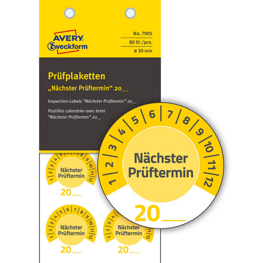 AVERY Zweckform Prüfplaketten gelb 30,0 x 30,0 mm | 7905 | 1 Pack = 10 Blatt