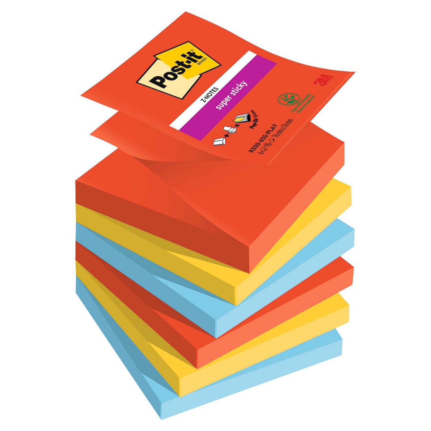 Post-it® Super Sticky Playful Haftnotizen extrastark farbsortiert, 6 Blöcke | 7100258797 | 1 Pack = 6 Blöcke