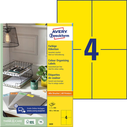 AVERY Zweckform Etiketten gelb 105,0 x 148,0 mm | 3459 | 1 Pack = 100 Blatt